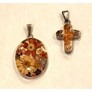 DRIED FLOWER & RESIN STERLING SILVER 925 PENDANT CROSS AND OVAL MEDALLION LOT 2